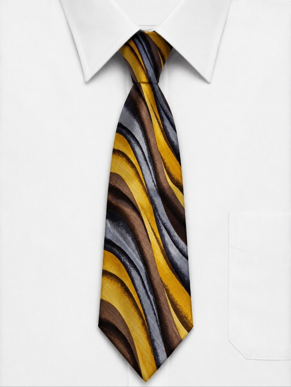 UMBERTO BOSSI Abstract Wave Silk Tie in Yellow, Brown & Gray